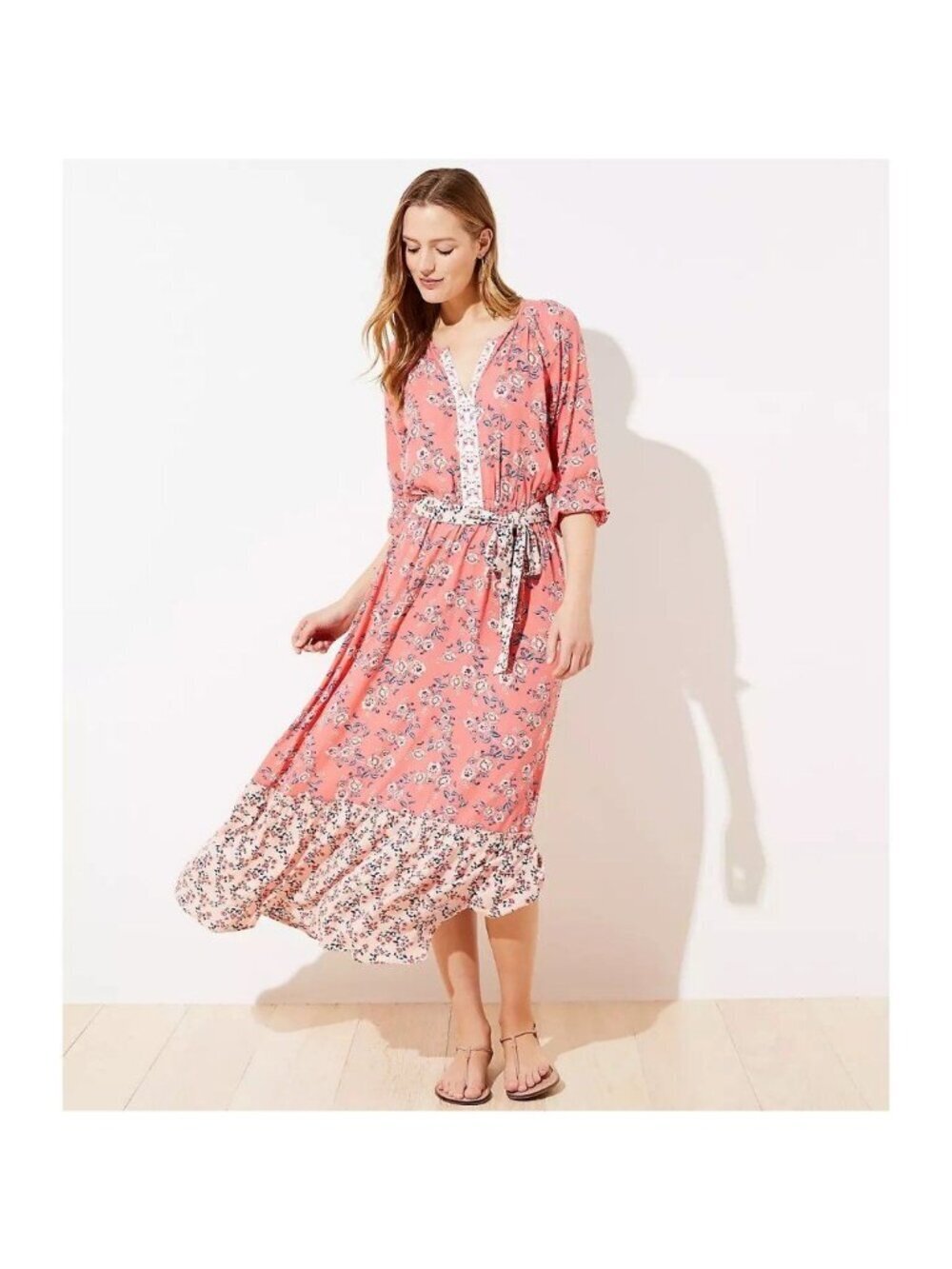 Loft Beach Floral Maxi Boho Dress Womens XS Peach Pink Paisley Belted V Neck